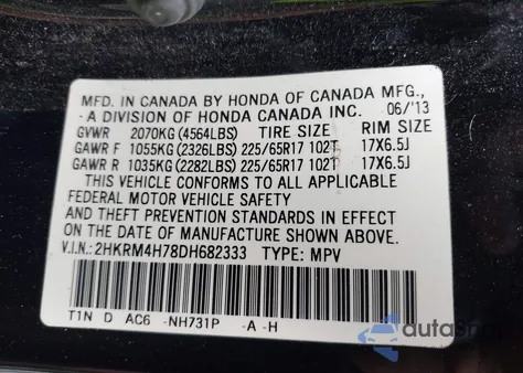 2013 Honda Cr-V Ex-L from USA, damaged, VIN 2HKRM4H78DH682333
